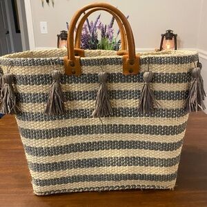 Mar Y Sol Striped Woven Tote Bag with Tassels